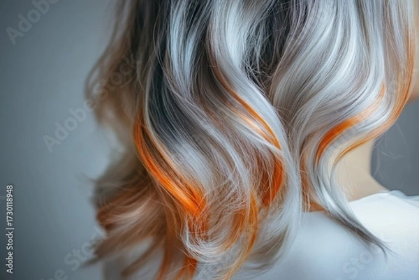 Fototapeta Close-up of wavy, highlighted hair with striking orange streaks against a muted backdrop.