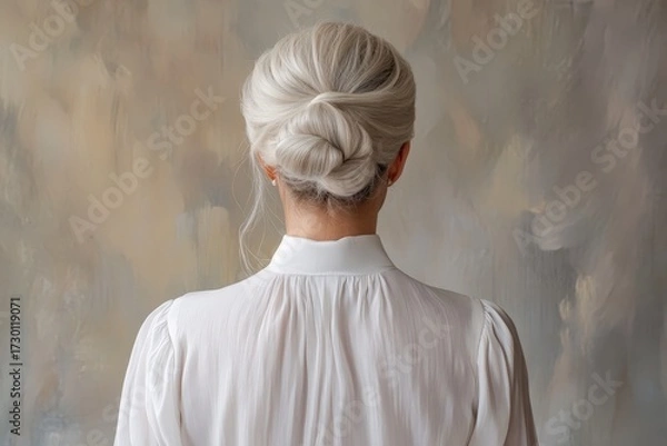 Fototapeta A woman with styled gray hair and a white blouse stands before an abstract painting, exuding a calm and contemplative mood.