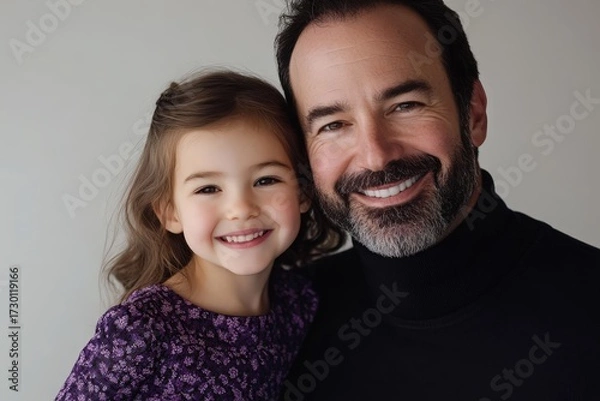 Fototapeta A heartwarming portrait of a father and daughter, radiating joy and affection, with a soft, light gray background and vibrant colors.