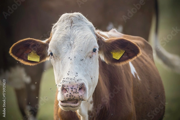 Fototapeta cow portrait chewing covered with flies