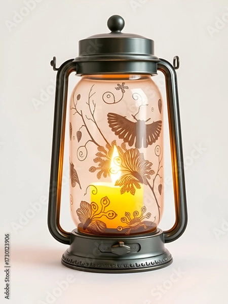 Fototapeta A realistic shot of a candle lantern with a deepsea amphipod pattern, realistic metal, clean white background, soft lighting