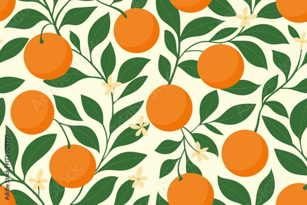 Fototapeta Seamless pattern of oranges and citrus fruit with botanical leaves and floral vector repeat. Perfect for packaging and wallpaper or fabric. Modern background for branding and prints.