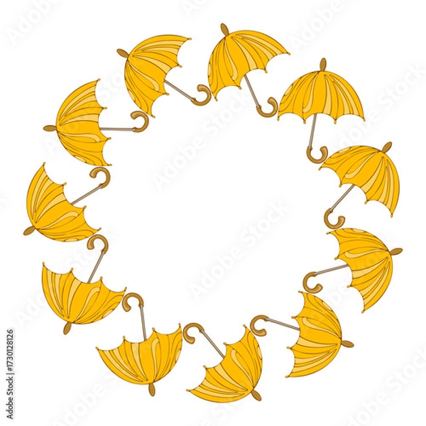 Fototapeta Autumn wreath with a yellow painted umbrella, round frame with a simple yellow umbrella,