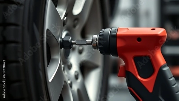 Fototapeta Automotive tool close-up, impact screwdriver on tire in professional garage setting.