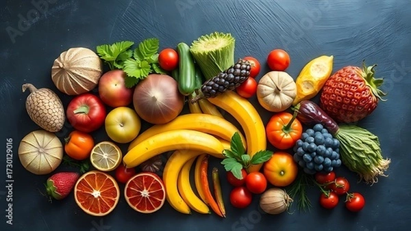 Fototapeta Colorful fresh fruits and vegetables arranged artistically on a dark surface.