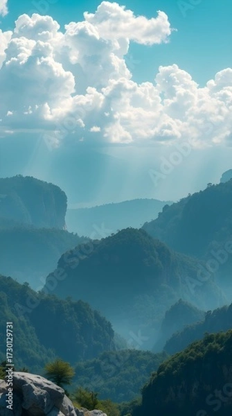 Obraz Misty mountains with glowing sunbeams
