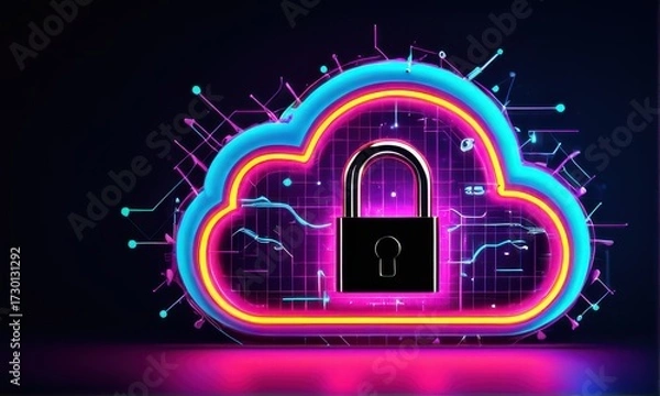Fototapeta Cyber Security Cloud With Padlock on Pink Surface Under Glowing Blue Light