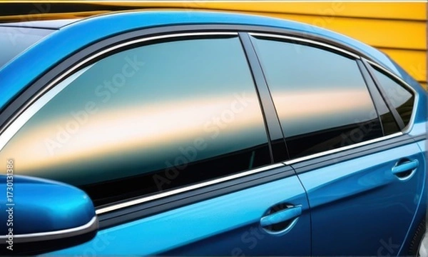 Fototapeta Detailed View of Blue Car Side Windows with Reflections and Bright Yellow Background