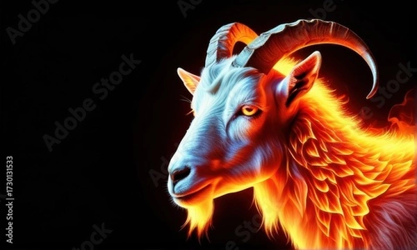 Fototapeta Dramatic Flaming Goat with Intense Gaze and Horns on Black Backdrop