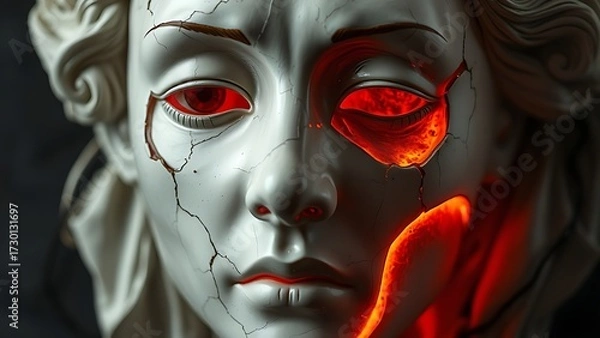 Fototapeta A porcelain mask with cracks revealing molten lava, representing suppressed emotions in aging women.