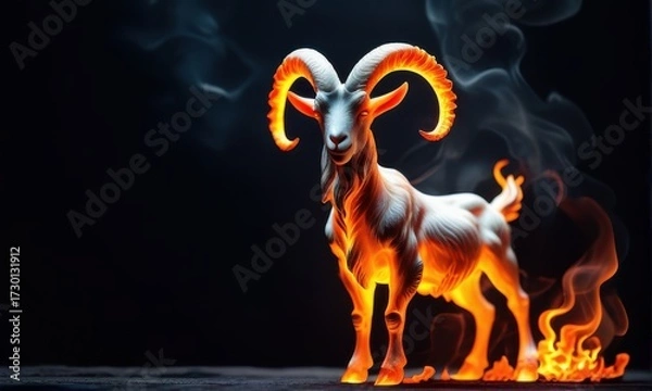 Fototapeta Fiery Goat with Curling Horns Standing on Dark Surface with Smoke