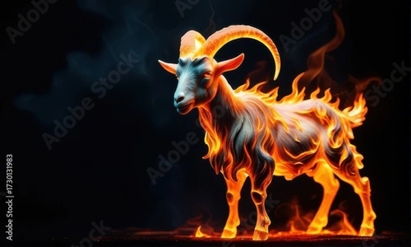 Fototapeta Fiery Ram Standing Amidst Flames with Horns on Dark Background