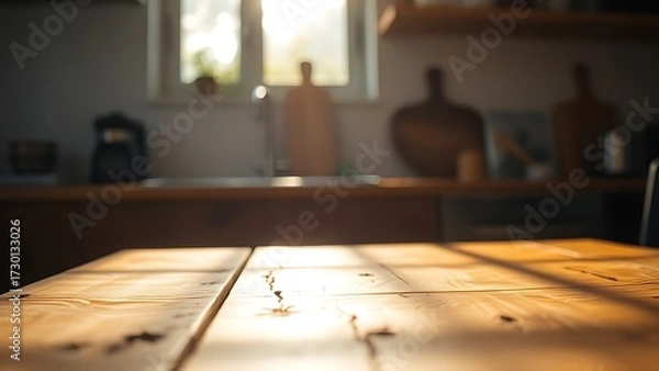 Fototapeta Rustic wooden table bathed in morning sunlight, creating a cozy and inviting kitchen atmosphere.