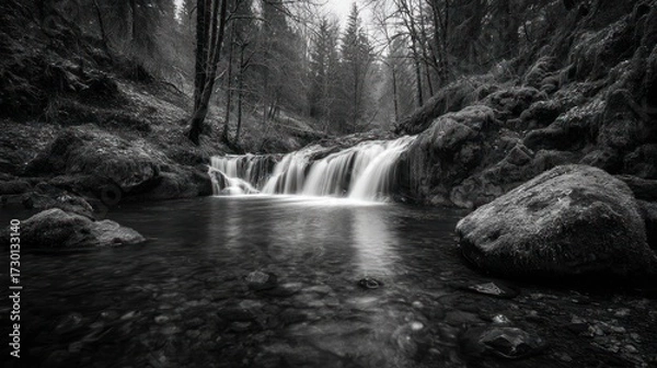 Fototapeta Misty forest stream waterfall