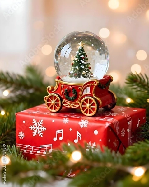 Obraz 빨간색으로 포장된 선물 상자 위에 산타 썰매 모양의 크리스마스 트리가 담긴 스노우볼 사진, 반짝이는 배경