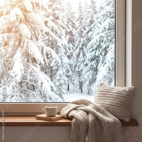 Obraz 따뜻한 차가 담긴 창가에 머그잔, 따뜻한 느낌을 주는 니트와 눈이 가득 쌓인 배경의 사진