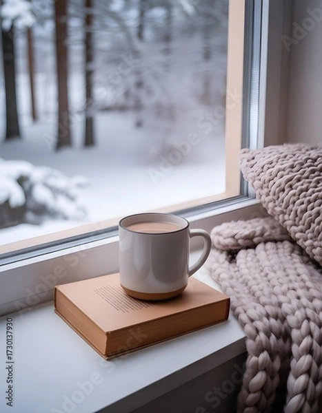 Obraz 따뜻한 차가 담긴 창가에 머그잔, 따뜻한 느낌을 주는 니트와 눈이 가득 쌓인 배경의 사진