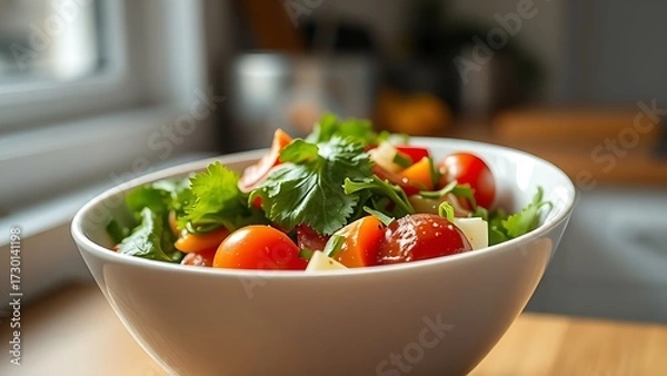 Fototapeta A crisp vegetable salad in a white ceramic bowl with natural window lighting.