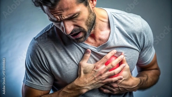 Fototapeta heart disease concept. man pressing on chest with painful expression. severe heartache and having heart attack or painful cramps.
