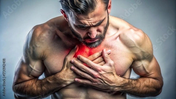 Fototapeta heart disease concept. man pressing on chest with painful expression. severe heartache and having heart attack or painful cramps.
