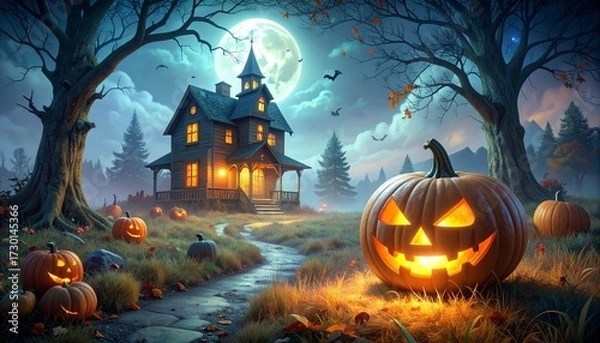 Fototapeta Gothic haunted castle under full moon—illuminated by glowing orange windows, surrounded by leafless trees, swirling mist, and flying bats, dramatic night sky enhances eerie ambiance, evoking Halloween