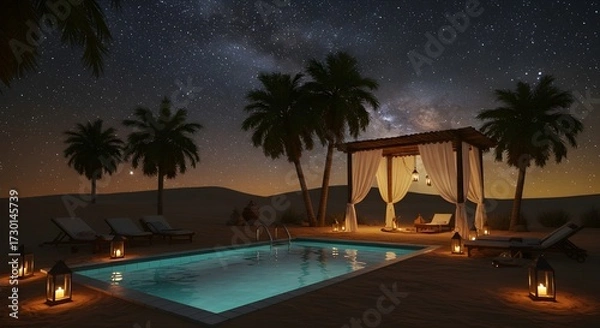 Fototapeta Luxurious desert oasis featuring blue pool, canopies, lanterns, and star-filled night sky