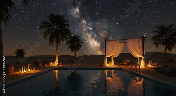 Fototapeta Luxurious desert oasis at night featuring glowing lanterns, pool, and star-filled backdrop