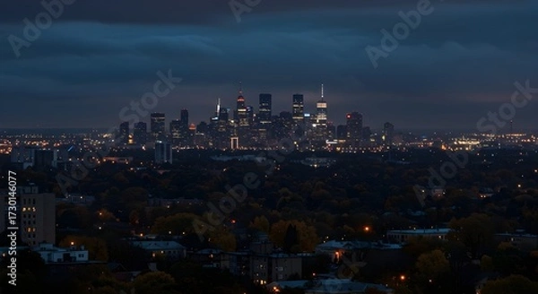 Fototapeta Tranquil urban night scene featuring illuminated buildings and forested foreground with fall colors