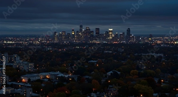 Fototapeta Nighttime New York City skyline with glowing skyscrapers and autumn trees in foreground