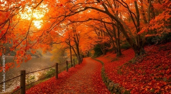 Fototapeta Serene autumn lake scene with winding path, colorful trees, and golden sky reflections