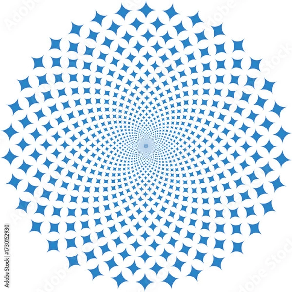 Fototapeta Blue star shapes in circular spiral on white—EPS vector ideal for abstract, math, or design themes.
