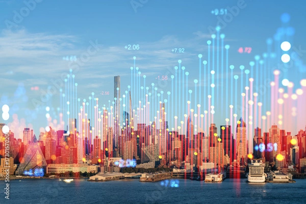 Fototapeta Economic growth and financial data analysis concept over modern USA cityscape with glowing indicators and skyscrapers in sunset background.