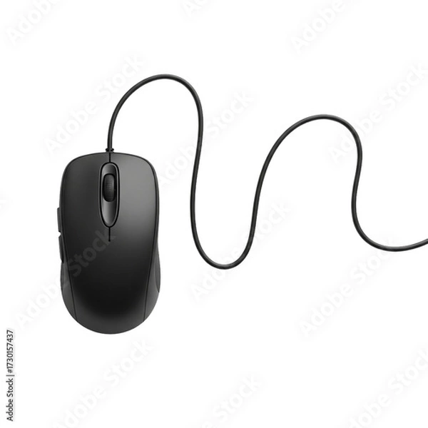 Fototapeta A single dark gray computer mouse with a coiled black wire is isolated on a pure black background representing digital input and technology