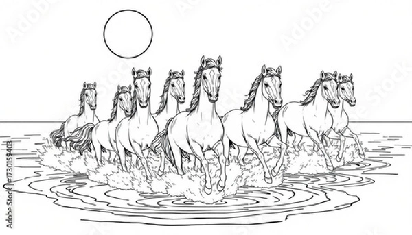 Fototapeta Minimilist a group of horses running through water with a sun in the background creating a dynamic monochrome scene vector