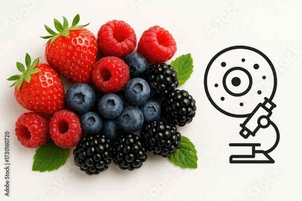 Fototapeta Assorted fresh berries (strawberries, raspberries, blueberries, blackberries) with green leaves beside simple microscope line drawing
