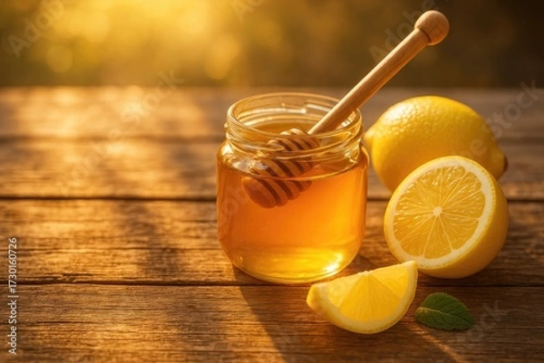 Fototapeta Jar of honey with dipper beside bright lemons on rustic wooden table in warm sunlight