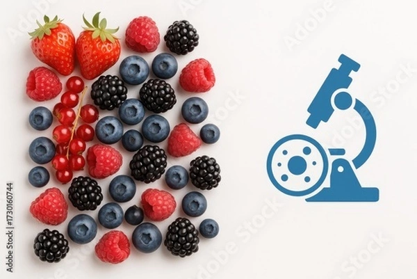 Fototapeta Assorted berries (strawberries, blueberries, raspberries, blackberries, red currants) beside blue microscope illustration model ethnicity and gender