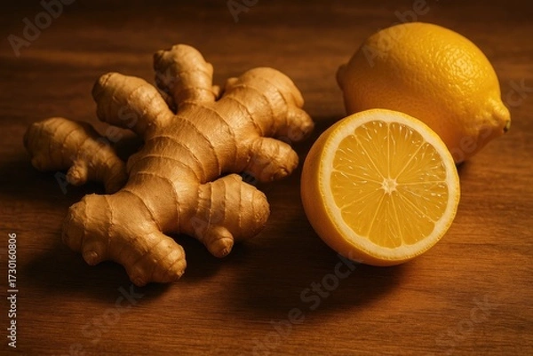 Fototapeta Ginger root and halved lemon sit on wooden surface, bright fresh in rustic kitchen setting