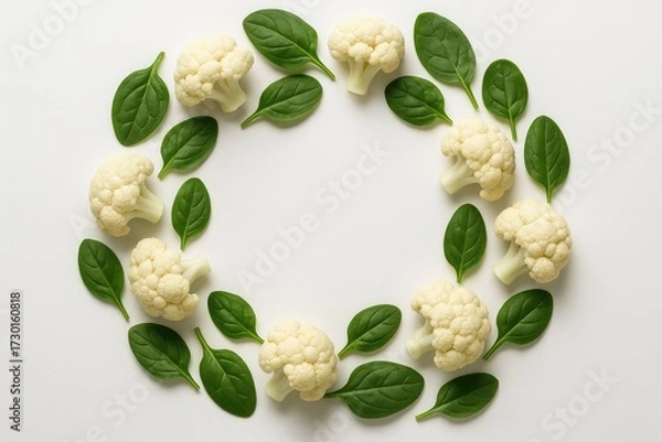 Fototapeta Circular arrangement of cauliflower florets with green leaves on white background