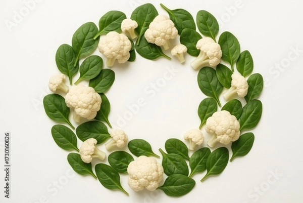 Fototapeta Circular wreath of cauliflower florets interwoven with green spinach leaves on white background