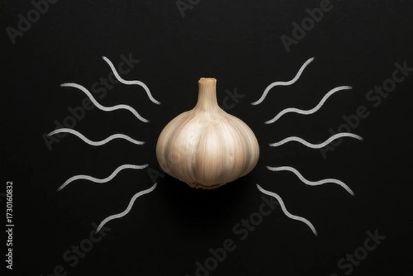 Fototapeta Single garlic bulb sits on black surface with chalk-like radiating lines around it