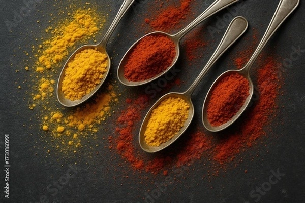 Fototapeta Metal spoons on dark surface hold bright turmeric and red chili powders, creating colorful, top-down spice arrangement