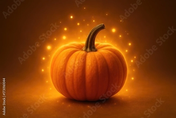 Fototapeta Glowing orange pumpkin with curved stem sits on warm dark surface, surrounded by magical golden sparkles