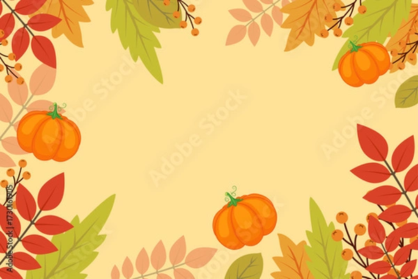 Fototapeta Autumn background with bright autumn leaves and pumpkin. Vector illustration.