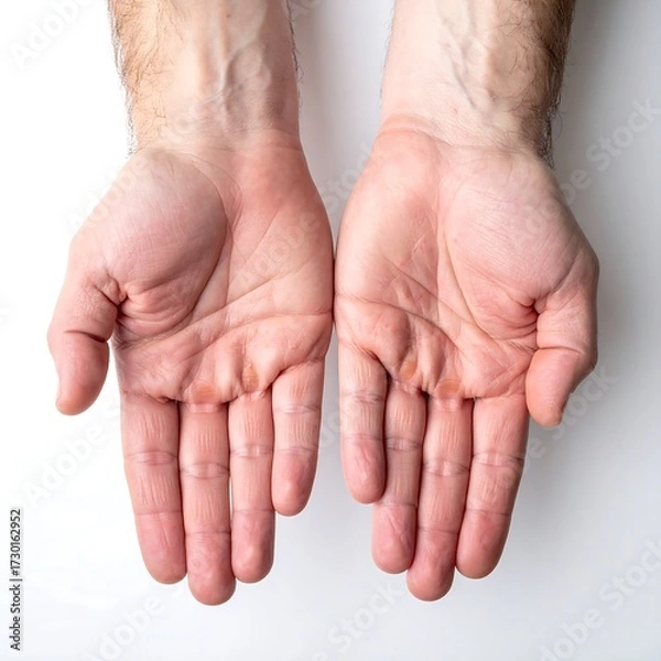 Fototapeta Two open male hands, palms up, on a white background