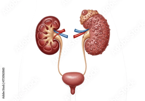 Fototapeta Anatomical illustration of the human urinary system displaying the kidneys ureters bladder and blood vessels on a black background