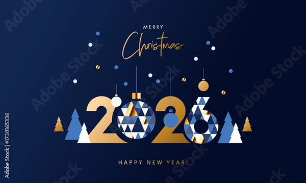 Fototapeta Merry Christmas and Happy New Year banner, greeting card, poster, holiday cover. Modern Xmas design in geometric style with triangle pattern, Christmas tree, ball, snow and 2026 number on night blue.