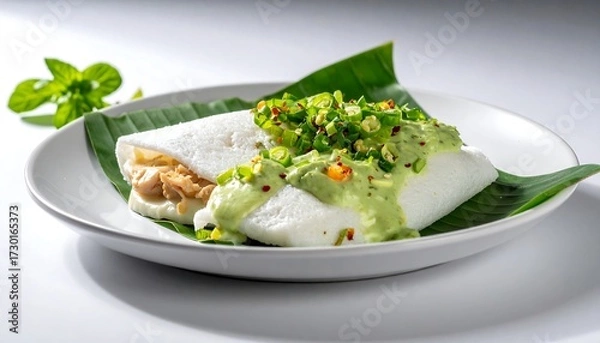 Fototapeta Two white wraps on a banana leaf, topped with green sauce and garnish