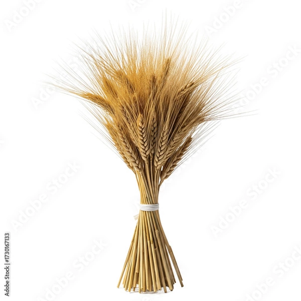 Fototapeta A tied bundle of dried golden wheat stalks with fluffy seed heads stands upright against a stark black background evoking harvest and natural beauty