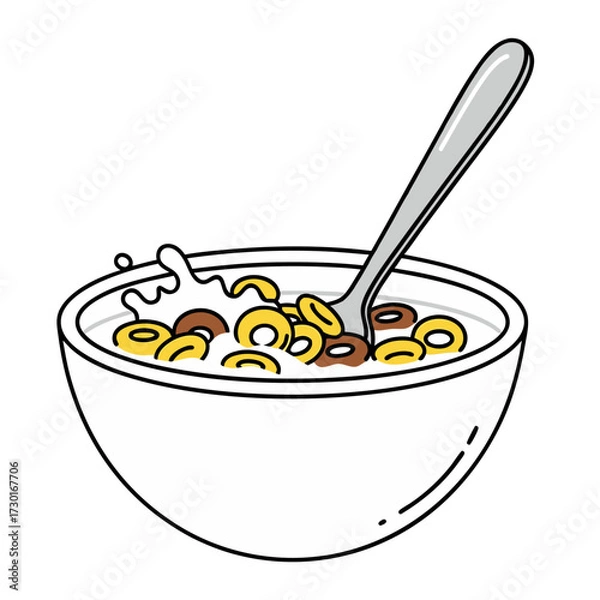 Obraz Bowl of Cereal with Milk Splash Illustration in White Bowl with Black Outline and Silver Spoon on White Background